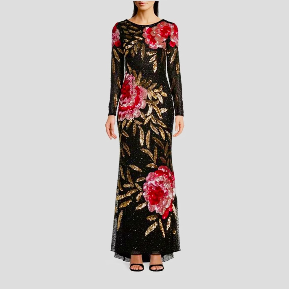 Mac Duggal Black Gown with Red Floral & Gold Leaf Embroidery